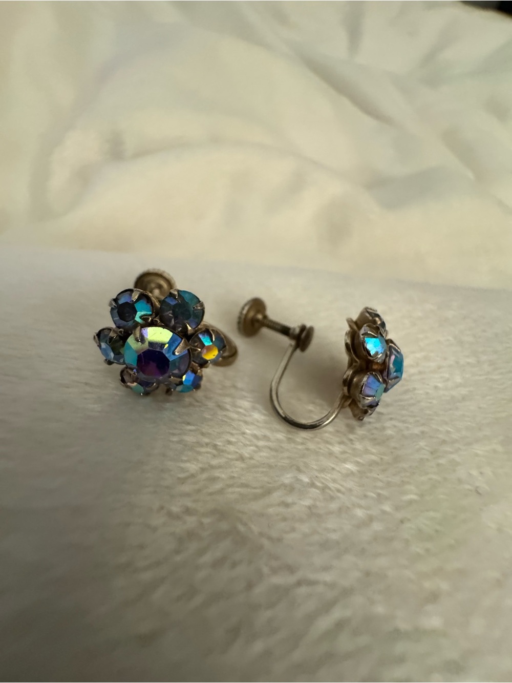 Vintage-Inspired Blue Aurora Crystal Flower Clip-On Earrings